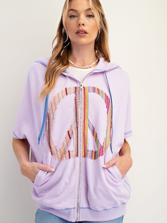 Easel Los Angeles Tops - Easel Lavender Peace Patch Reverse Stitch Short Sleeve Hoodie top